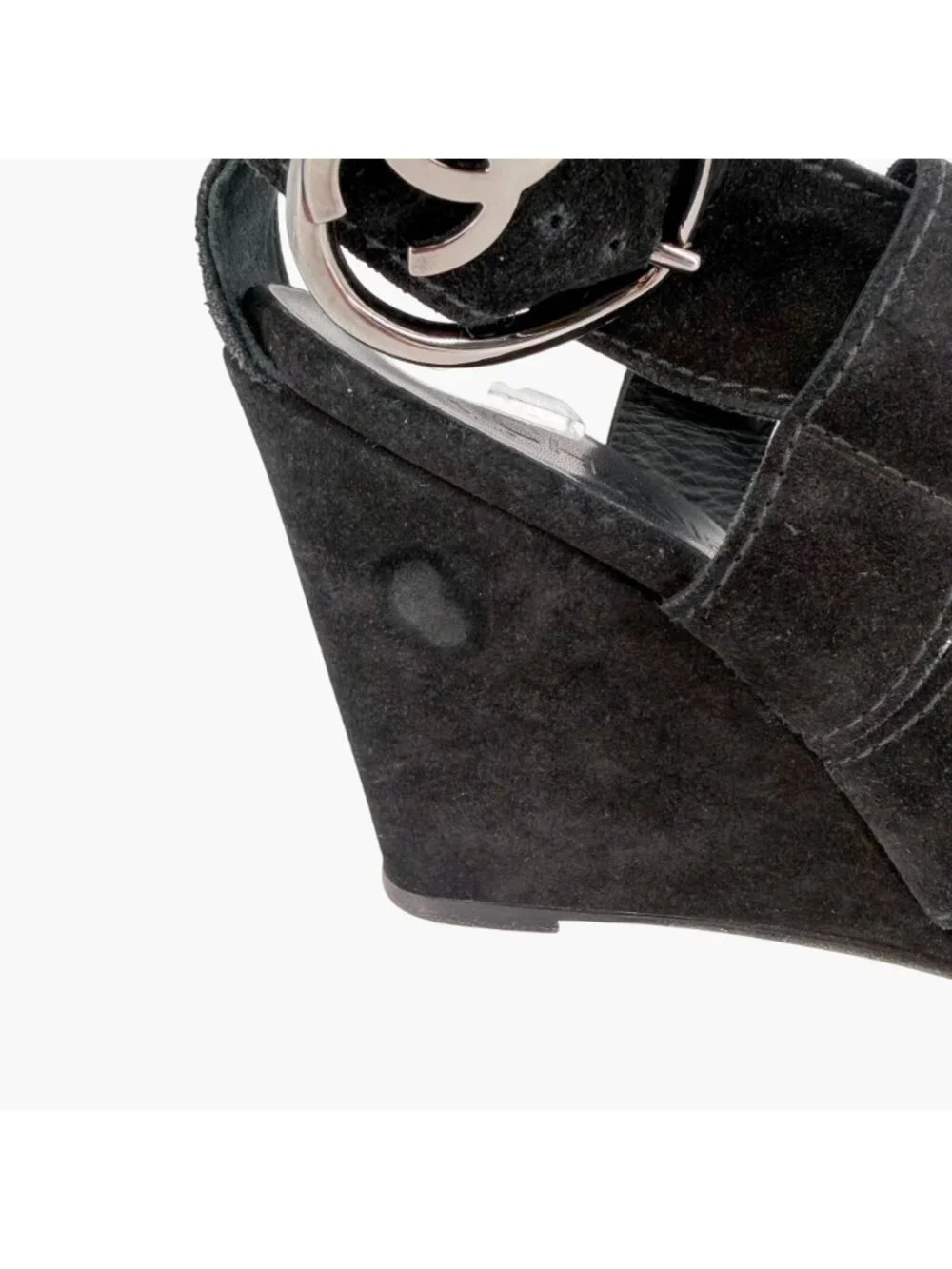 Chanel CC Heart Buckle Wedge Sandals Heels Black Suede Size 39.5 US 8.5-9 Women
